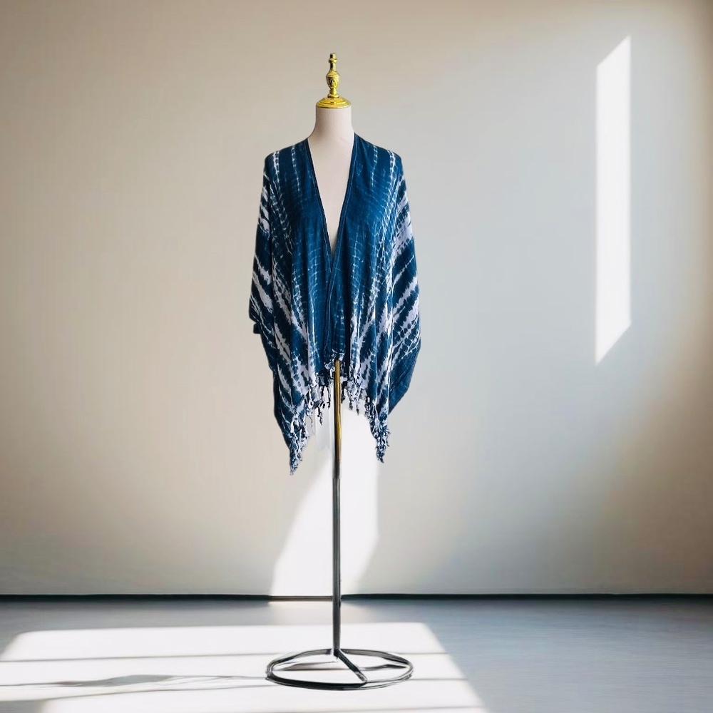0033/ Dark Blue White Tie Dye Kimono Cover up Cardigan Outer with Fringes